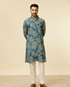 alt message - Manyavar Men Teal Blue Bel Buti Patterned Kurta image number 2